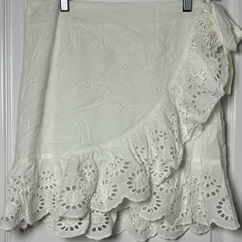 Japna White 100% Cotton Eyelet Scalloped Bow Wrap Mini Skirt Coastal Chic Style